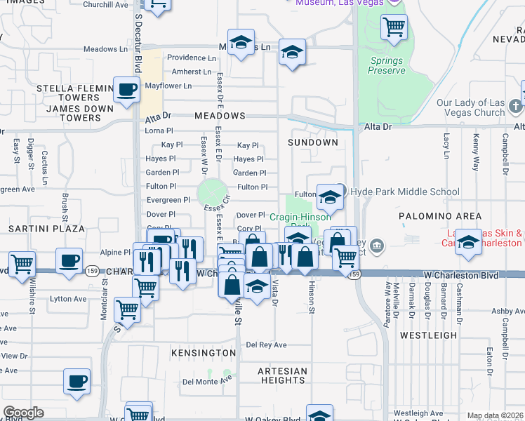 map of restaurants, bars, coffee shops, grocery stores, and more near 4224 Dover Place in Las Vegas