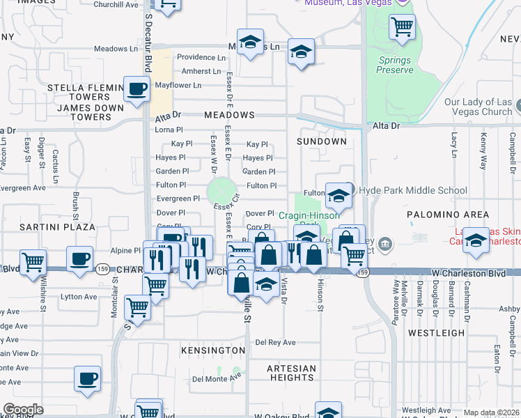 map of restaurants, bars, coffee shops, grocery stores, and more near 4224 Dover Place in Las Vegas