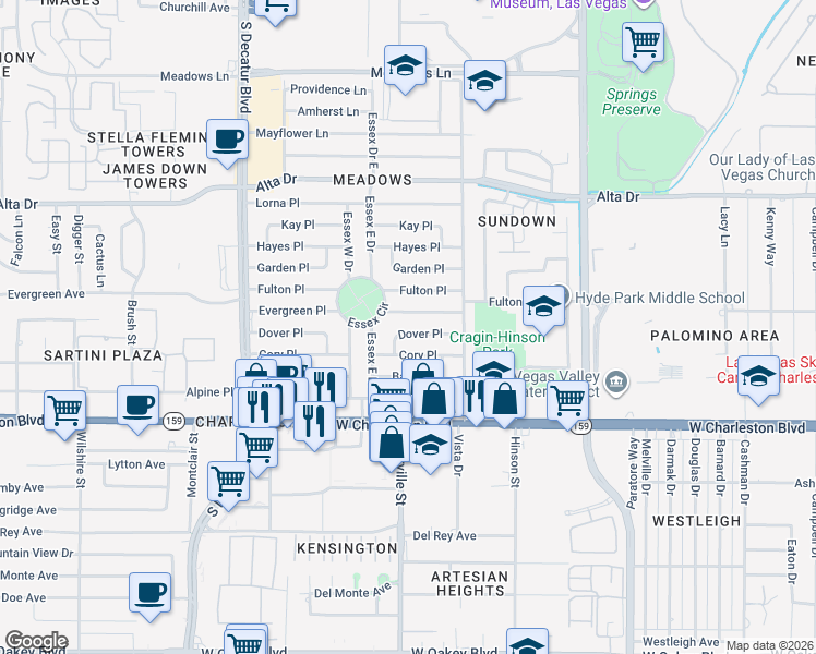map of restaurants, bars, coffee shops, grocery stores, and more near 4324 Dover Place in Las Vegas