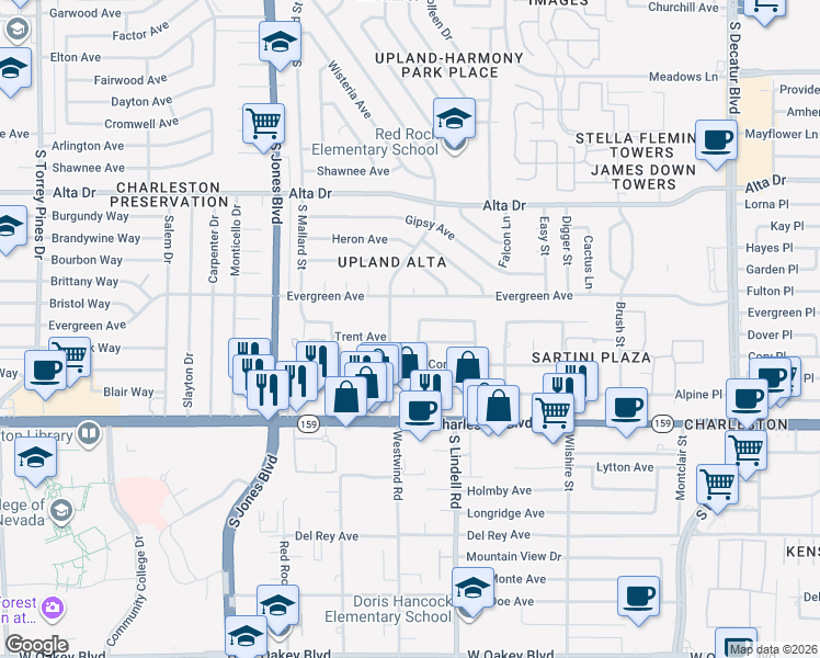 map of restaurants, bars, coffee shops, grocery stores, and more near 5516 Liverpool Road in Las Vegas