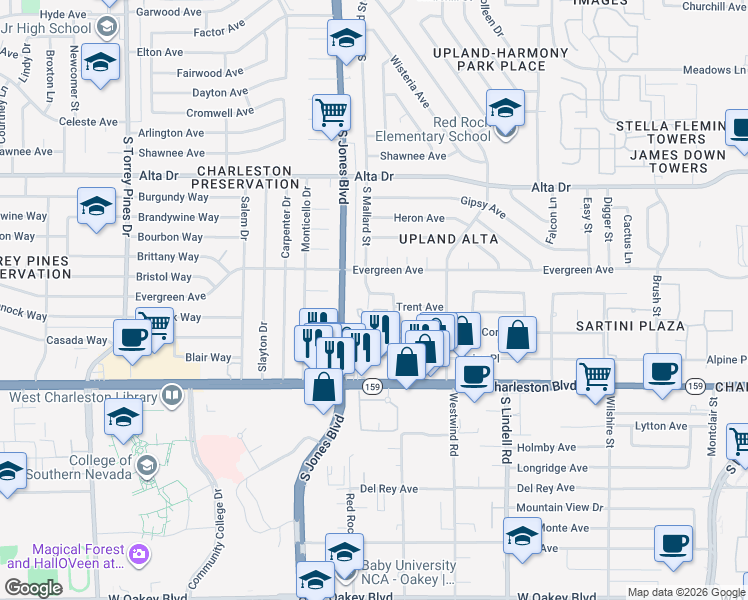 map of restaurants, bars, coffee shops, grocery stores, and more near 5913 Concert Drive in Las Vegas