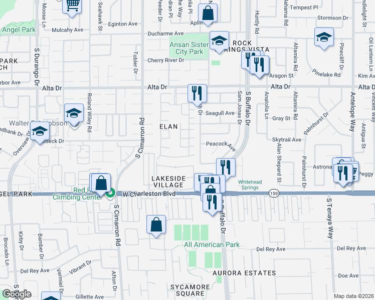 map of restaurants, bars, coffee shops, grocery stores, and more near 7802 Settlers Ridge Lane in Las Vegas
