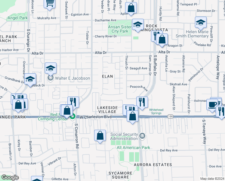 map of restaurants, bars, coffee shops, grocery stores, and more near 745 Wheat Ridge Lane in Las Vegas