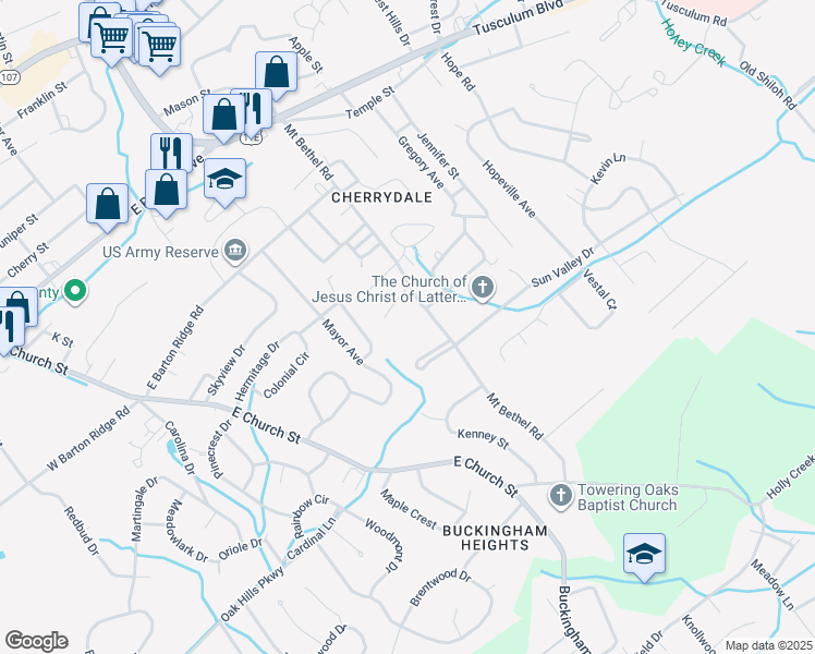 map of restaurants, bars, coffee shops, grocery stores, and more near 327 Mount Bethel Road in Greeneville