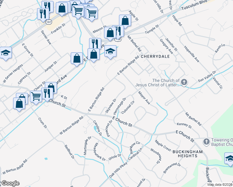map of restaurants, bars, coffee shops, grocery stores, and more near 126 Skyview Drive in Greeneville