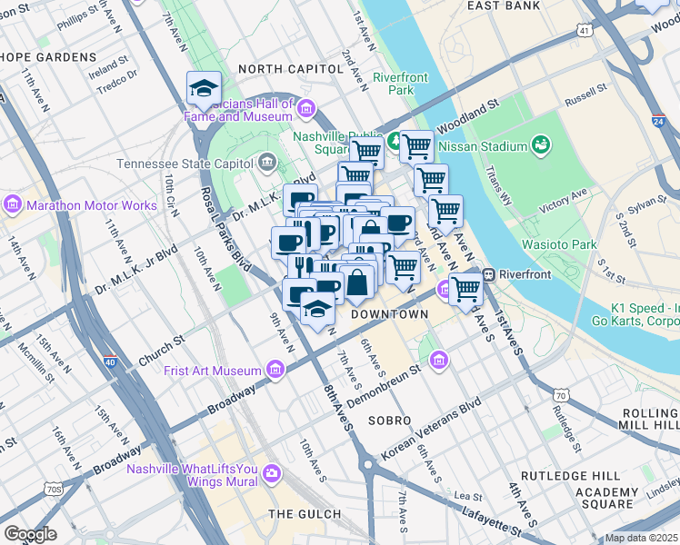 map of restaurants, bars, coffee shops, grocery stores, and more near in Nashville