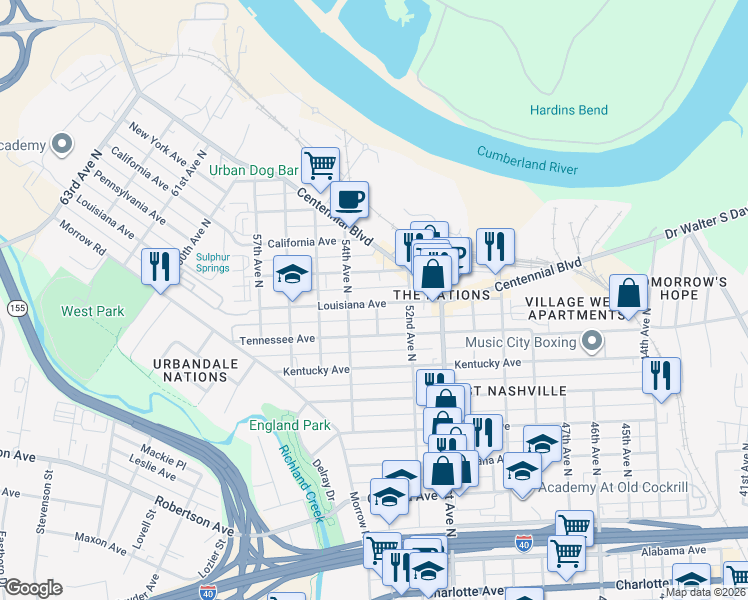 map of restaurants, bars, coffee shops, grocery stores, and more near 5214b Louisiana Avenue in Nashville