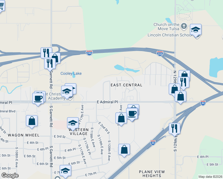 map of restaurants, bars, coffee shops, grocery stores, and more near 35 North 121st East Avenue in Tulsa