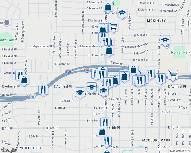 map of restaurants, bars, coffee shops, grocery stores, and more near 6310 East Archer Street in Tulsa