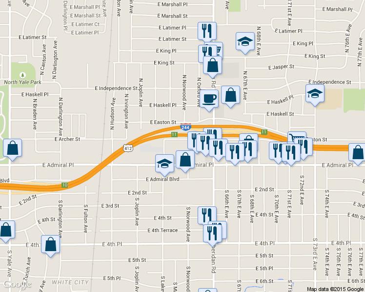map of restaurants, bars, coffee shops, grocery stores, and more near 6310 East Archer Street in Tulsa