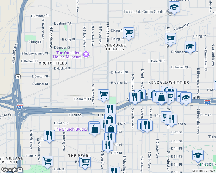 map of restaurants, bars, coffee shops, grocery stores, and more near 62 North Utica Avenue in Tulsa