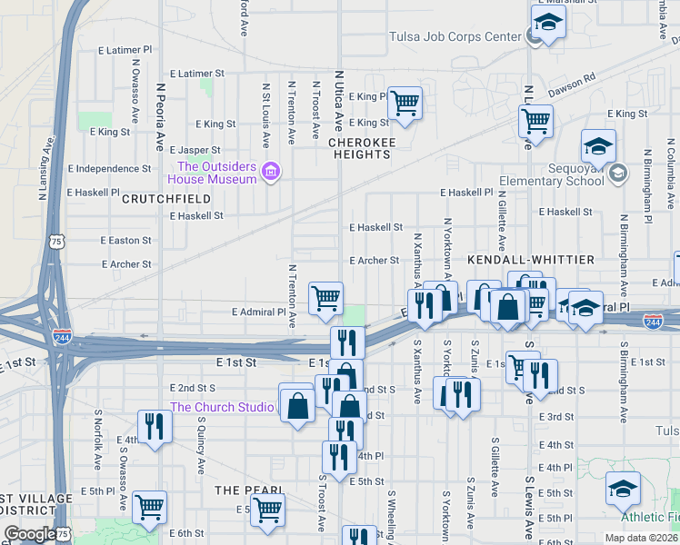 map of restaurants, bars, coffee shops, grocery stores, and more near 62 North Utica Avenue in Tulsa