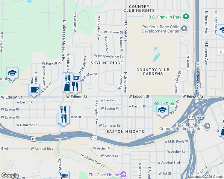 map of restaurants, bars, coffee shops, grocery stores, and more near 1755 West Fairview Street in Tulsa