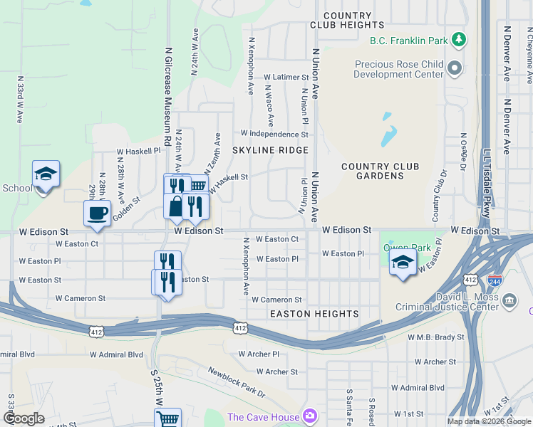 map of restaurants, bars, coffee shops, grocery stores, and more near 1755 West Fairview Street in Tulsa