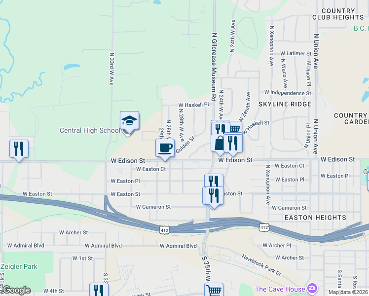 map of restaurants, bars, coffee shops, grocery stores, and more near 2808 West Golden Street in Tulsa