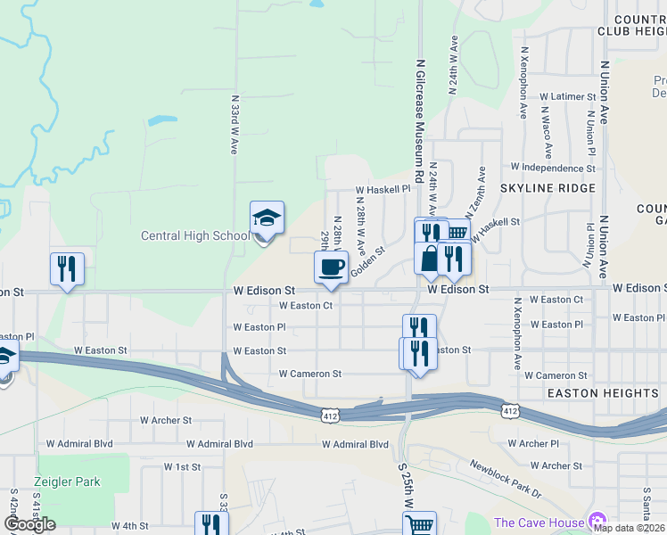 map of restaurants, bars, coffee shops, grocery stores, and more near 602 North 28th West Place in Tulsa