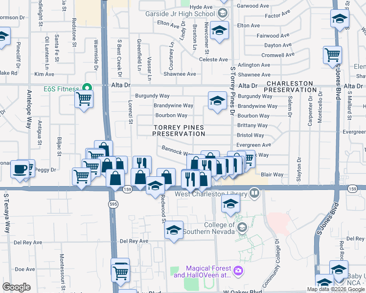 map of restaurants, bars, coffee shops, grocery stores, and more near 6513 Evergreen Avenue in Las Vegas