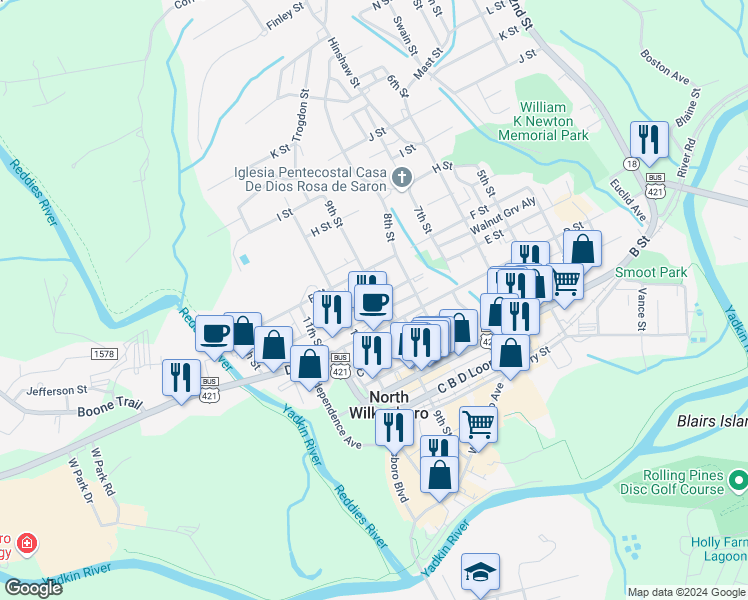 map of restaurants, bars, coffee shops, grocery stores, and more near 909 E Street in North Wilkesboro