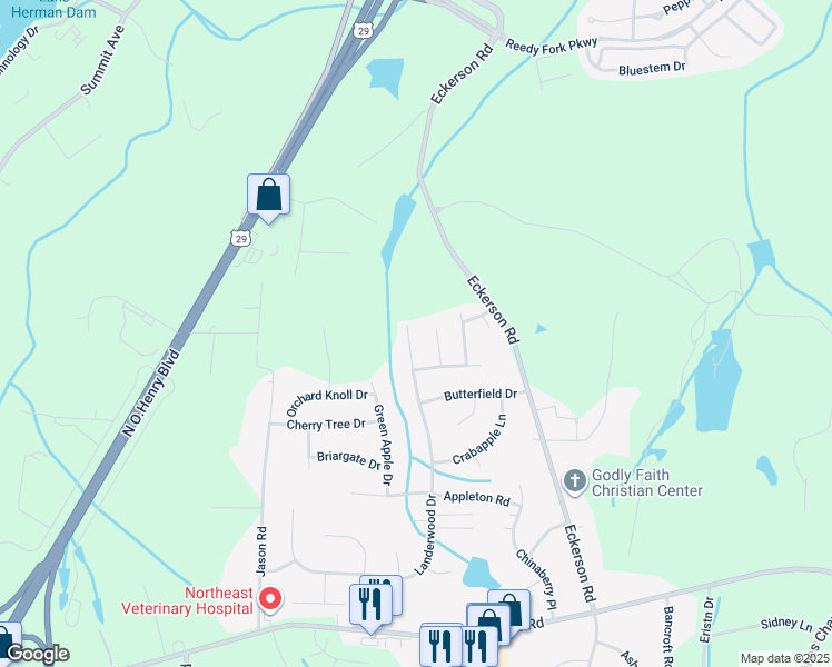 map of restaurants, bars, coffee shops, grocery stores, and more near 5910 Landerwood Drive in Greensboro