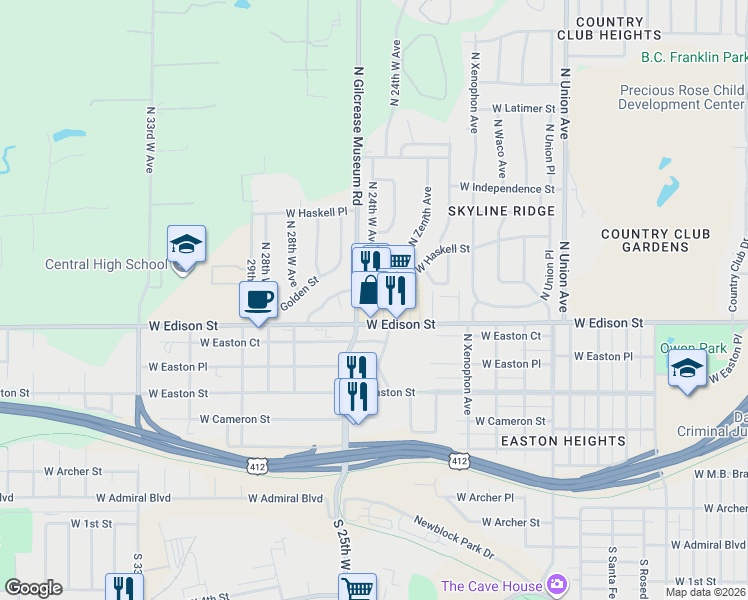 map of restaurants, bars, coffee shops, grocery stores, and more near 523 North Gilcrease Museum Road in Tulsa