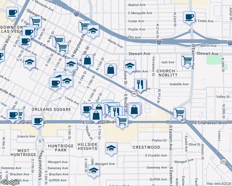 map of restaurants, bars, coffee shops, grocery stores, and more near 1725 Carson Avenue in Las Vegas