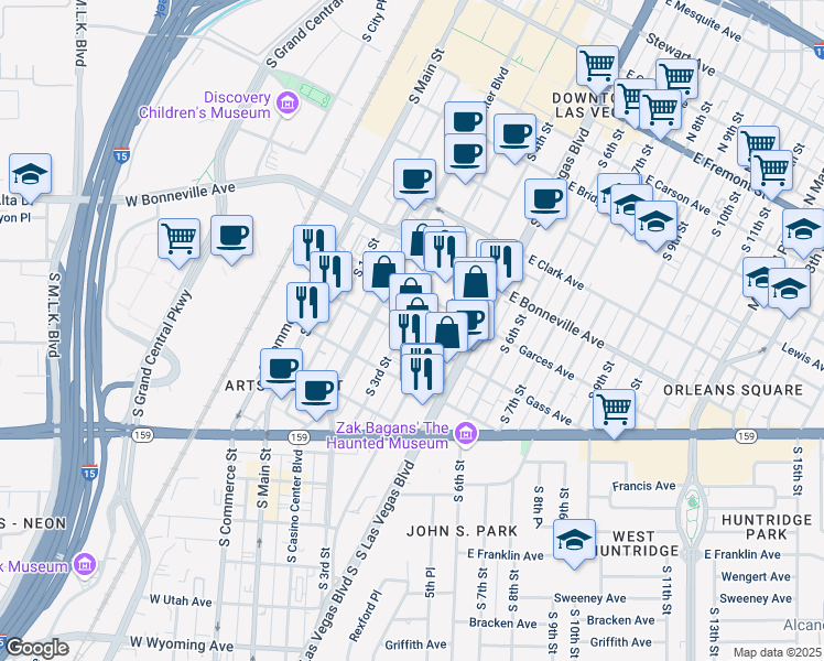 map of restaurants, bars, coffee shops, grocery stores, and more near 310 Gass Avenue in Las Vegas