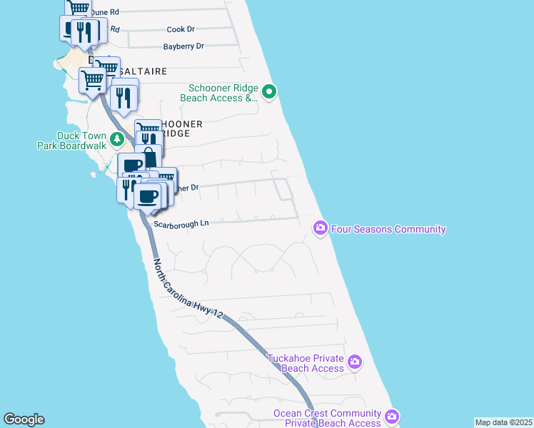map of restaurants, bars, coffee shops, grocery stores, and more near 156 Scarborough Lane in Kitty Hawk