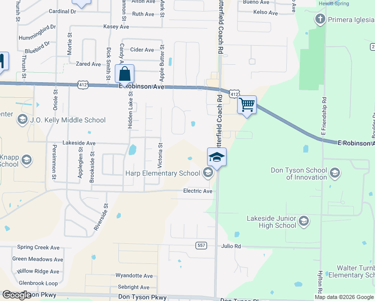 map of restaurants, bars, coffee shops, grocery stores, and more near 2440 Butterfield Coach Road in Springdale