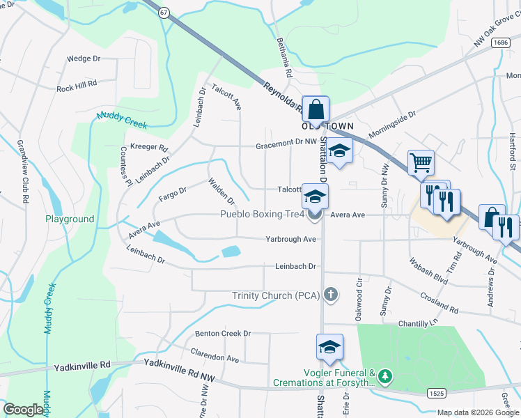 map of restaurants, bars, coffee shops, grocery stores, and more near 3949 Avera Avenue in Winston-Salem