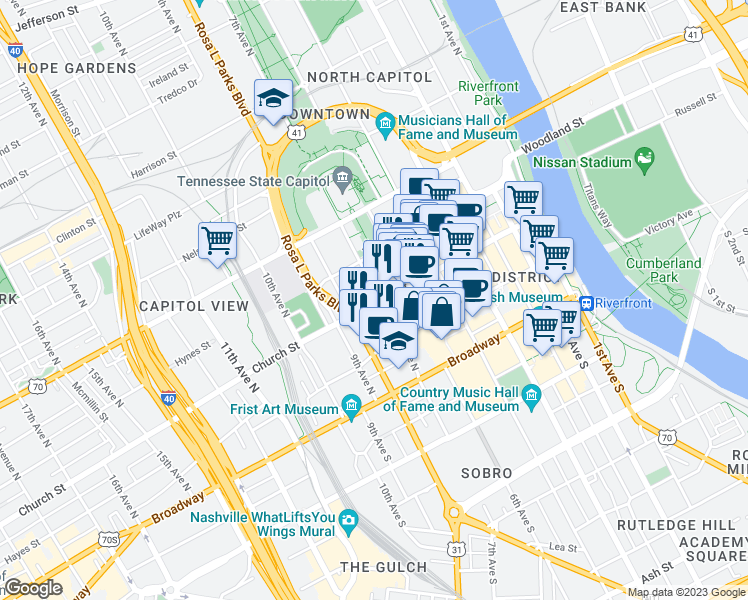 map of restaurants, bars, coffee shops, grocery stores, and more near 701 Church Street in Nashville