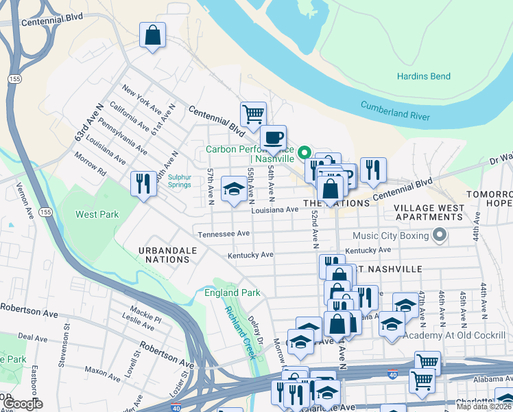map of restaurants, bars, coffee shops, grocery stores, and more near 5410 Louisiana Avenue in Nashville