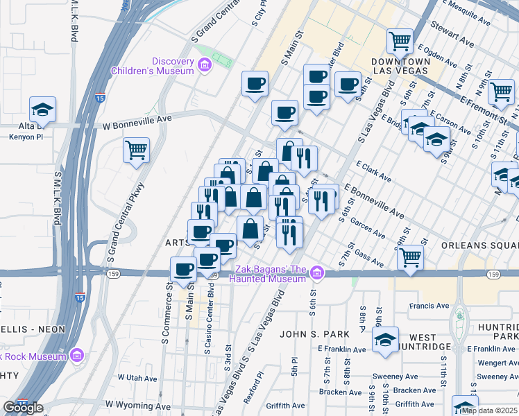 map of restaurants, bars, coffee shops, grocery stores, and more near 805 South Casino Center Boulevard in Las Vegas
