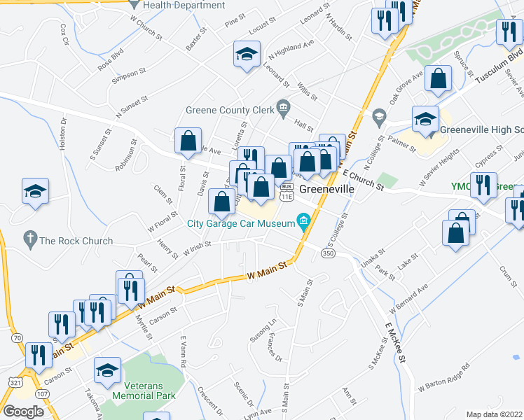map of restaurants, bars, coffee shops, grocery stores, and more near 221 West Summer Street in Greeneville