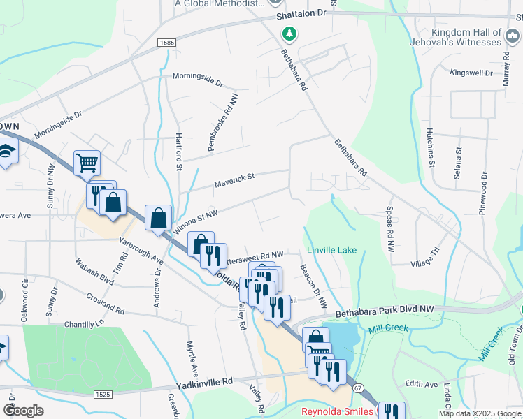 map of restaurants, bars, coffee shops, grocery stores, and more near 2710 Chanute Road Northwest in Winston-Salem