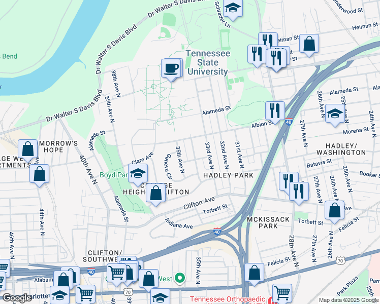 map of restaurants, bars, coffee shops, grocery stores, and more near 933 34th Avenue North in Nashville
