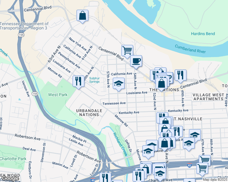 map of restaurants, bars, coffee shops, grocery stores, and more near 5602 Louisiana Avenue in Nashville