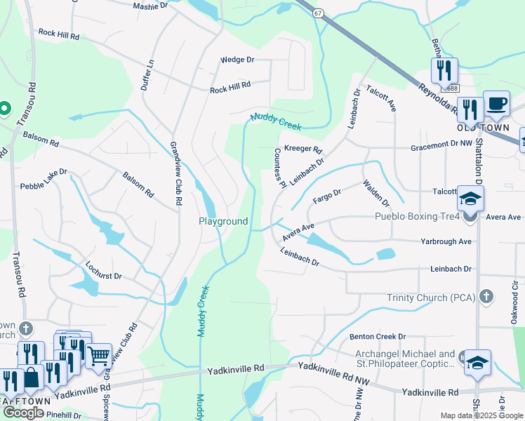 map of restaurants, bars, coffee shops, grocery stores, and more near 4786 Leinbach Drive in Winston-Salem