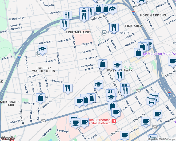 map of restaurants, bars, coffee shops, grocery stores, and more near 1927 Britt Place in Nashville
