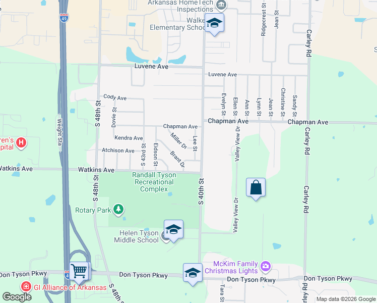map of restaurants, bars, coffee shops, grocery stores, and more near 4005 Miller Drive in Springdale
