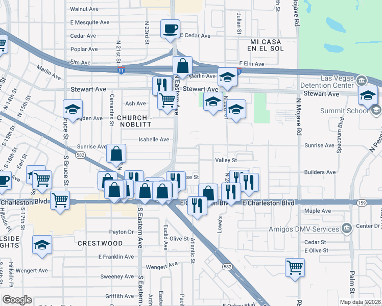 map of restaurants, bars, coffee shops, grocery stores, and more near 2528 Sunrise Avenue in Las Vegas