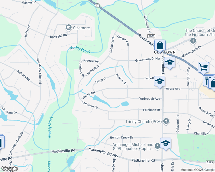 map of restaurants, bars, coffee shops, grocery stores, and more near 4025 Avera Avenue in Winston-Salem