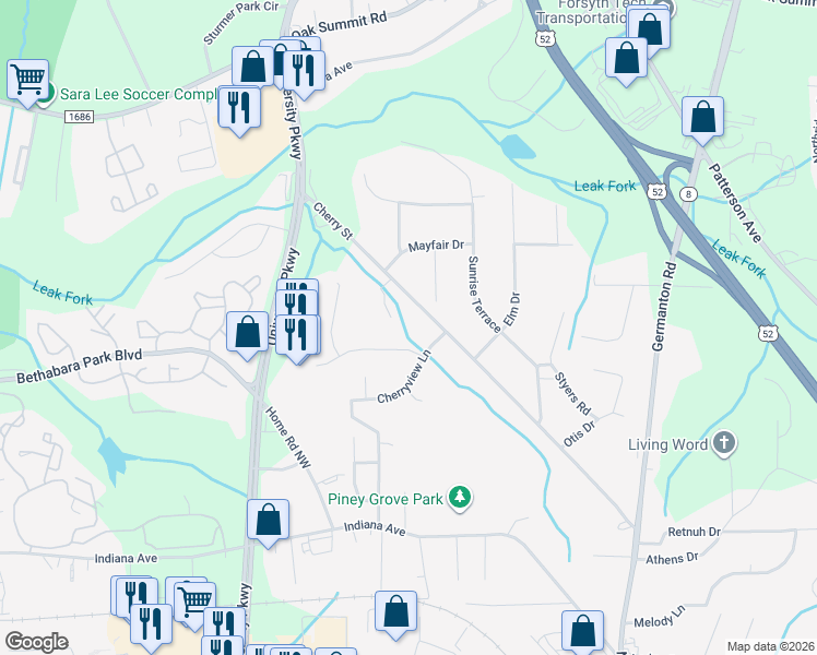 map of restaurants, bars, coffee shops, grocery stores, and more near 109 Blaze Street in Winston-Salem