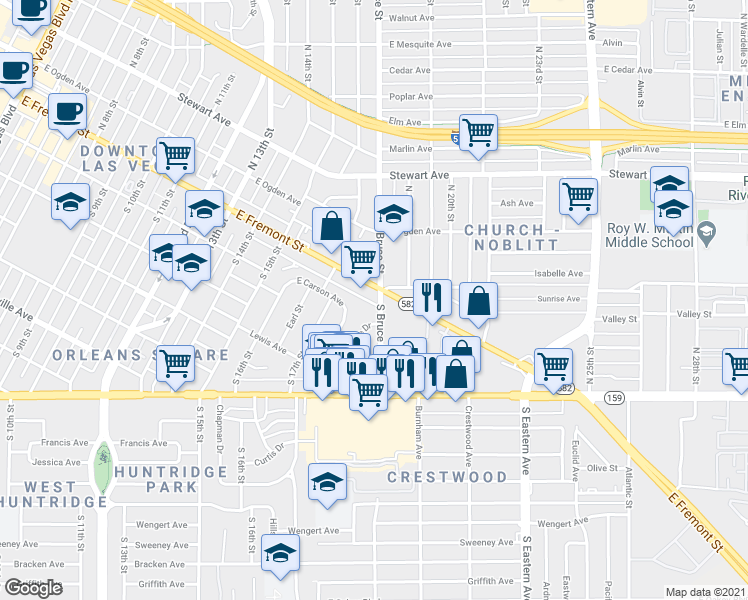 map of restaurants, bars, coffee shops, grocery stores, and more near 1740 East Fremont Street in Las Vegas