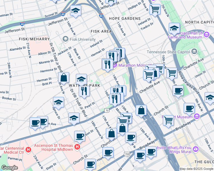 map of restaurants, bars, coffee shops, grocery stores, and more near 1433 Jo Johnston Avenue in Nashville