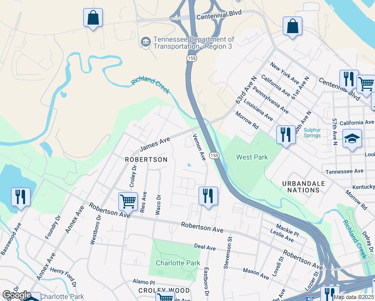 map of restaurants, bars, coffee shops, grocery stores, and more near 517 Vernon Circle in Nashville