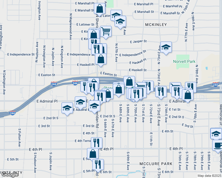 map of restaurants, bars, coffee shops, grocery stores, and more near 6616 East Archer Street in Tulsa
