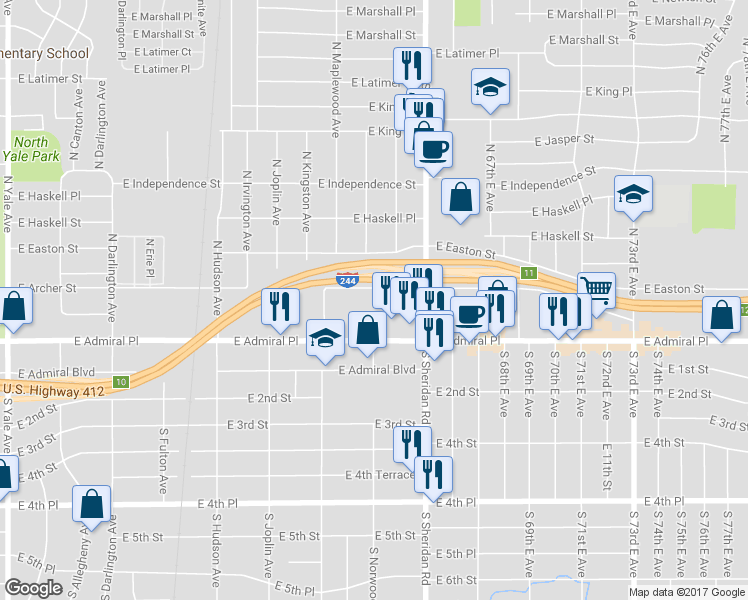 map of restaurants, bars, coffee shops, grocery stores, and more near 6310 East Archer Street in Tulsa