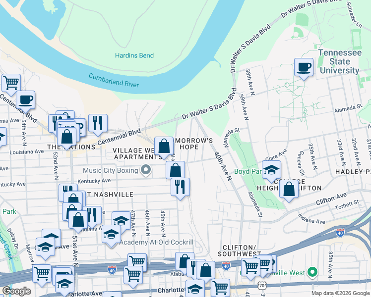 map of restaurants, bars, coffee shops, grocery stores, and more near 1013 43rd Avenue North in Nashville