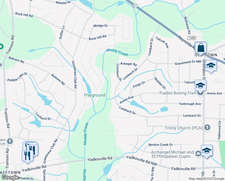 map of restaurants, bars, coffee shops, grocery stores, and more near 4786 Leinbach Drive in Winston-Salem