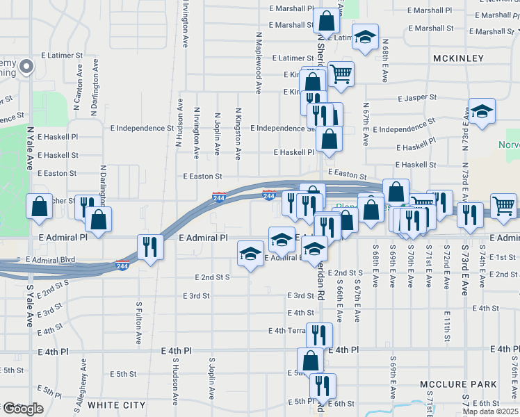 map of restaurants, bars, coffee shops, grocery stores, and more near 23 North Lakewood Avenue in Tulsa